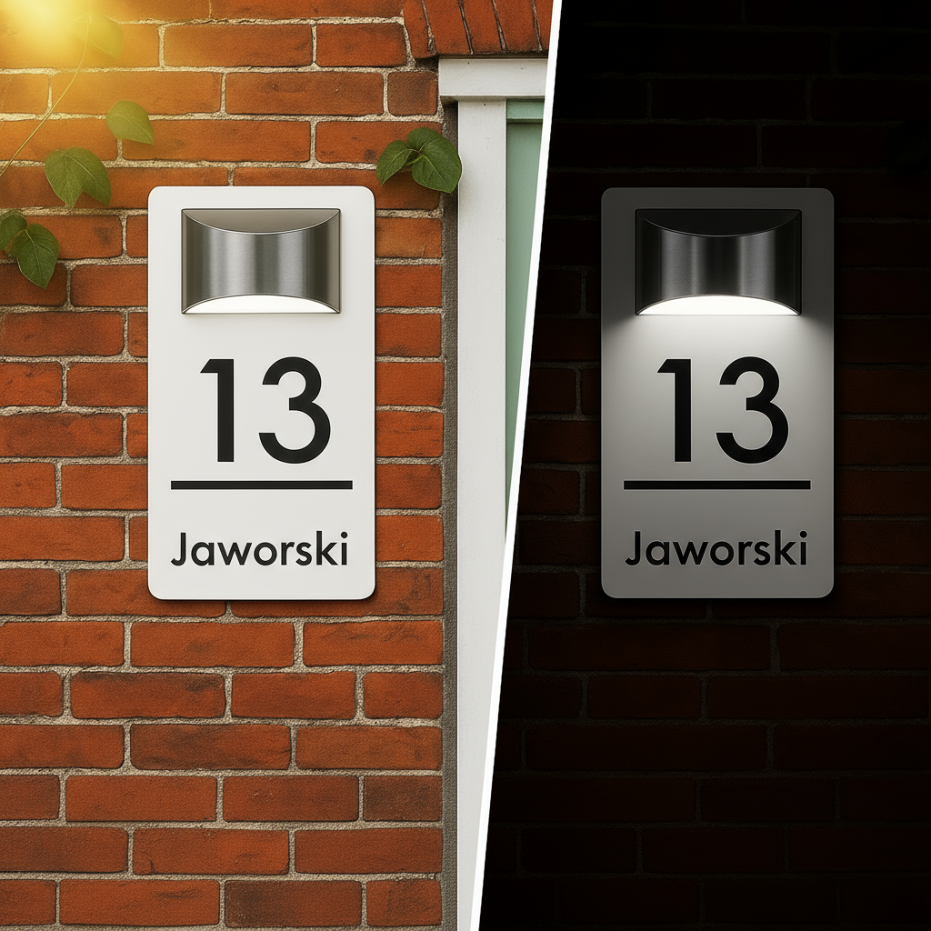 Ekologiczna prostokątna tablica z numerem domu z oświetleniem solarnym – wyraźnie widoczna, dzień i noc