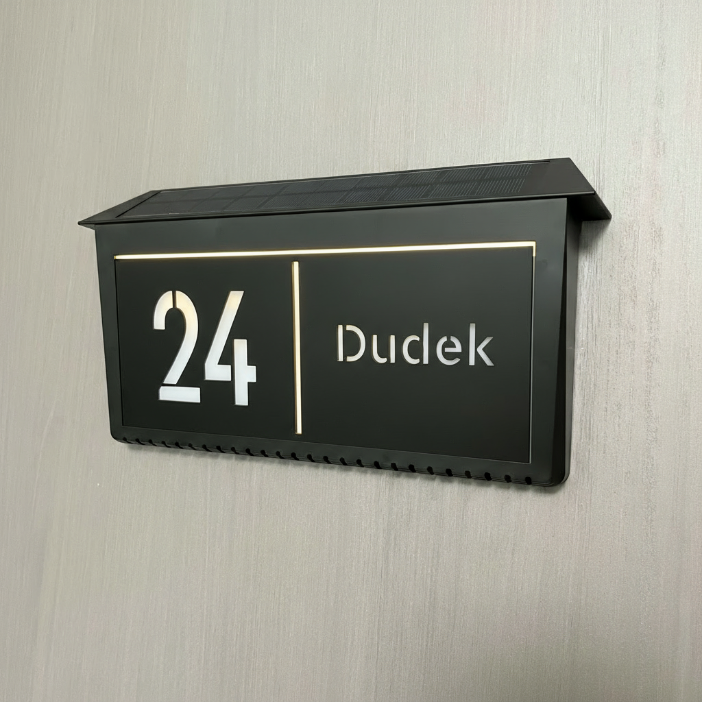 Nowoczesna tablica z numerem domu z oświetleniem solarnym – w pełni spersonalizowana
