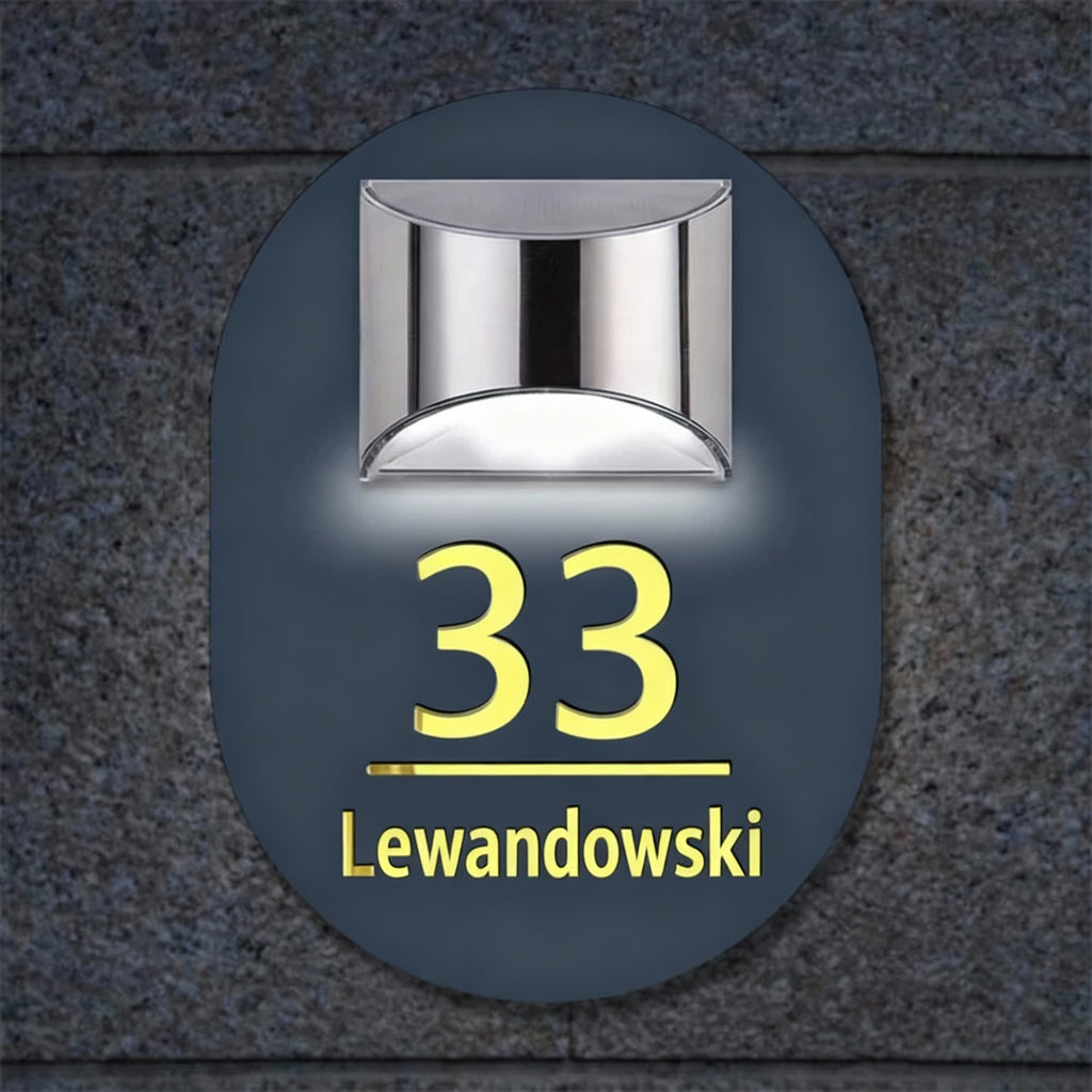 Spersonalizowany numer domu z energią słoneczną – unikalny owalny design z ciepłym podświetleniem LED