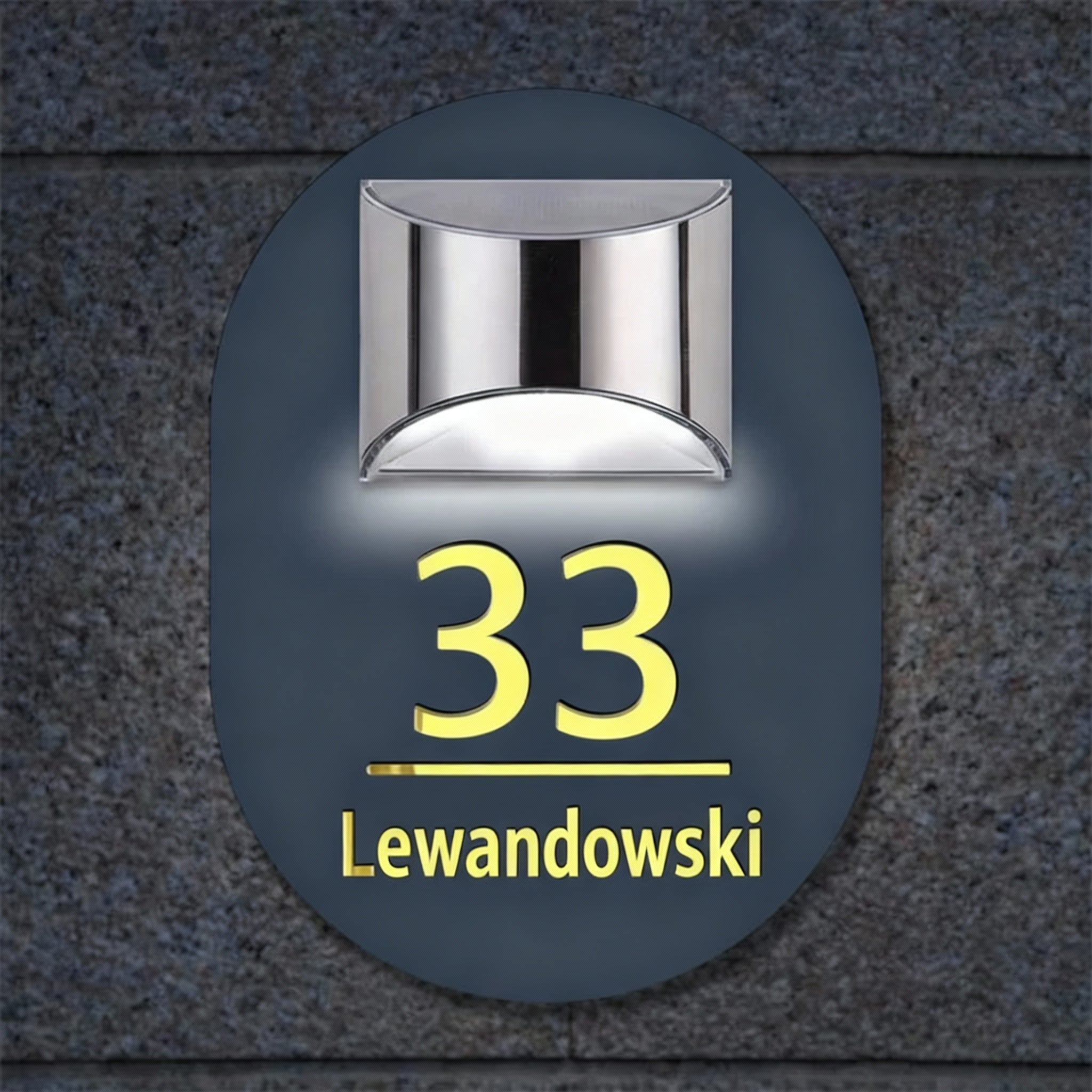 Spersonalizowany numer domu z energią słoneczną – unikalny owalny design z ciepłym podświetleniem LED
