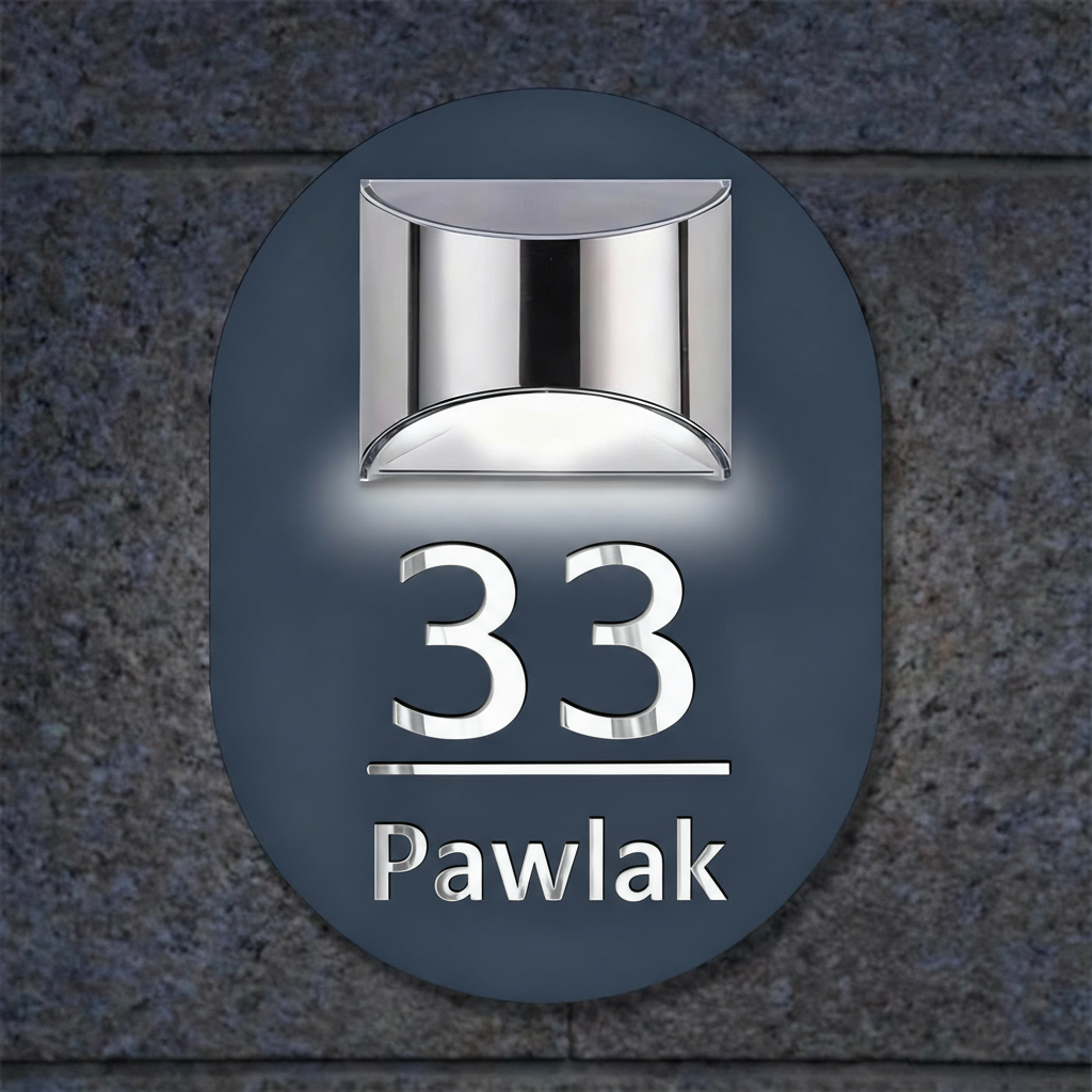 Spersonalizowany numer domu z energią słoneczną – unikalny owalny design z ciepłym podświetleniem LED